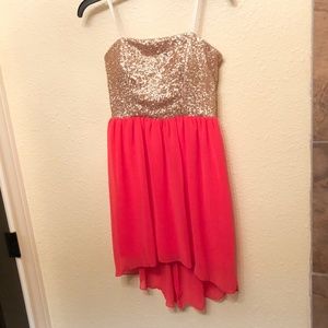 Gold Sequin Hi Low Mini Dress Coral Pink Beach